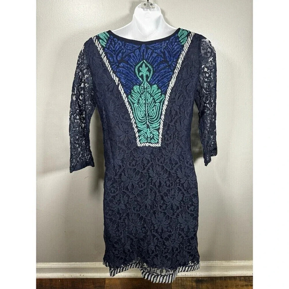 Ranna Gill Anthropologie Embroidered Floral Lace Boho Blue Midi Dress - Picture 4 of 9
